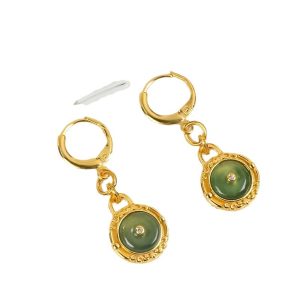 Natural Jade Peace Buckle Earrings, 925 Silver, 3.5cm