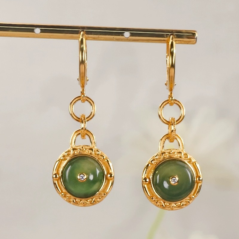 Natural Jade Peace Buckle Earrings, 925 Silver, 3.5cm - Image 2