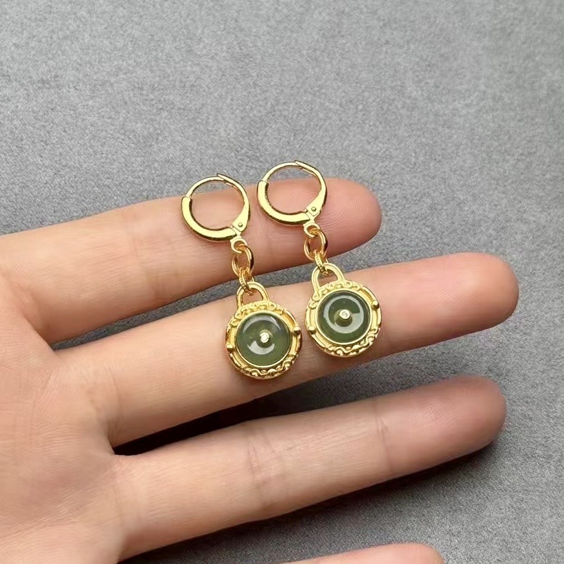 Natural Jade Peace Buckle Earrings, 925 Silver, 3.5cm - Image 3