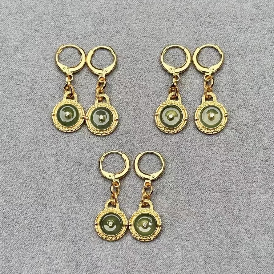 Natural Jade Peace Buckle Earrings, 925 Silver, 3.5cm - Image 4
