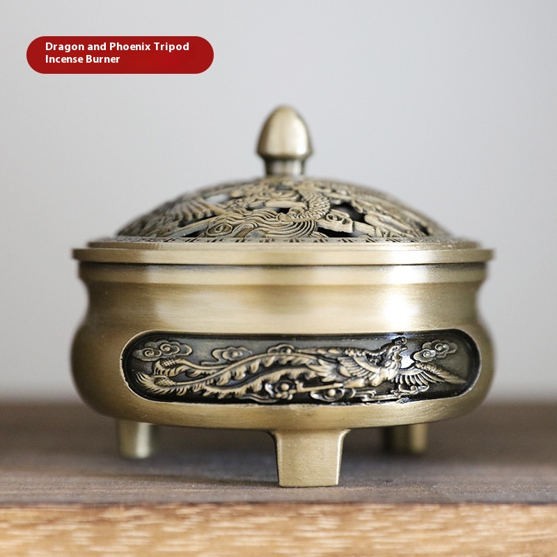 Lotus Dragon Phoenix Antique Alloy Incense Burner - Image 6
