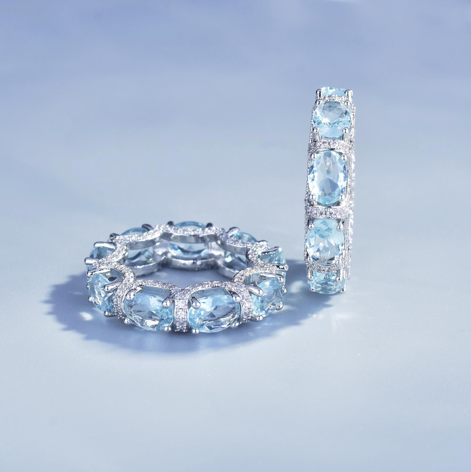 Luxury Oval Cut Aquamarine Eternity Band Ring, Micro Pave Blue Gemstone Stackable Ring For Women - Image 2