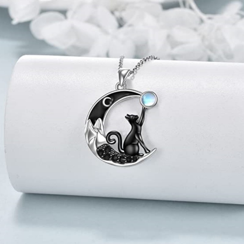 Creative Trendy Personalized Cute Black Cat Moon Moonstone Pendant Necklace - Image 2