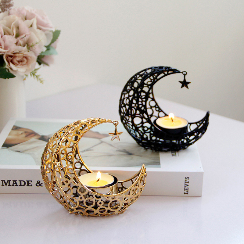 Light Luxury Crescent Moon Star Moon Black Gold Metal Candle Holder Modern Romantic Wedding Christmas Candle Cup Home Decor - Image 2