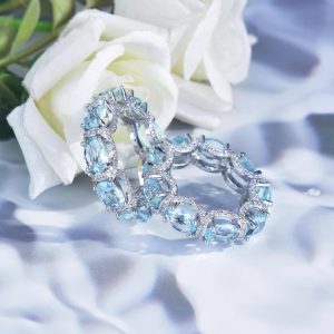 Luxury Oval Cut Aquamarine Eternity Band Ring, Micro Pave Blue Gemstone Stackable Ring For Women