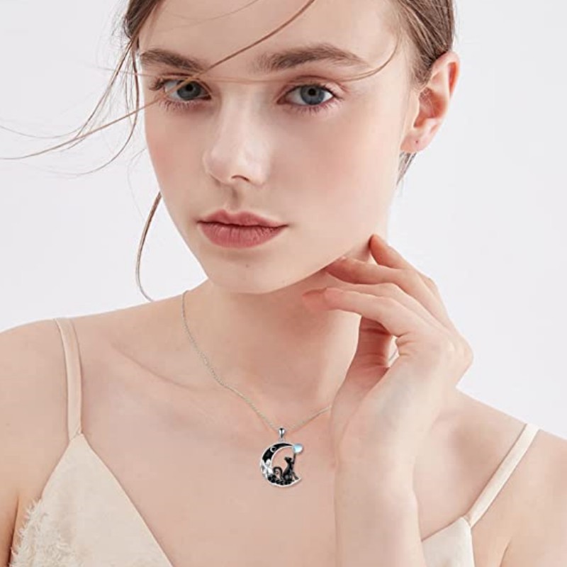 Creative Trendy Personalized Cute Black Cat Moon Moonstone Pendant Necklace - Image 3