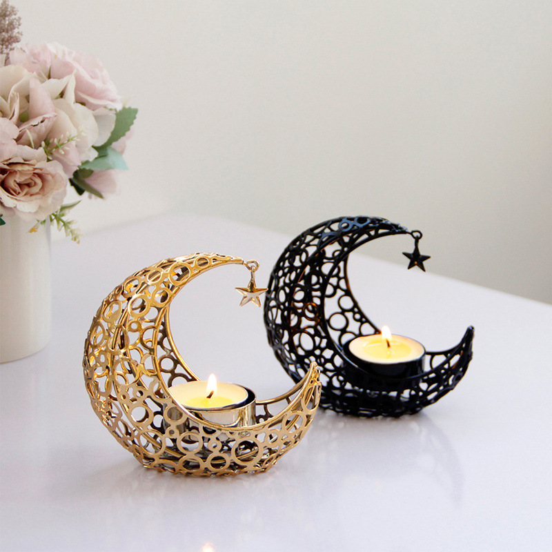 Light Luxury Crescent Moon Star Moon Black Gold Metal Candle Holder Modern Romantic Wedding Christmas Candle Cup Home Decor - Image 8