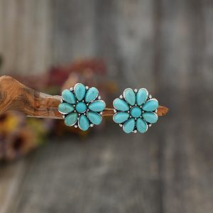Retro Style Bohemian Flower Silver Inlaid Turquoise Stud Earrings