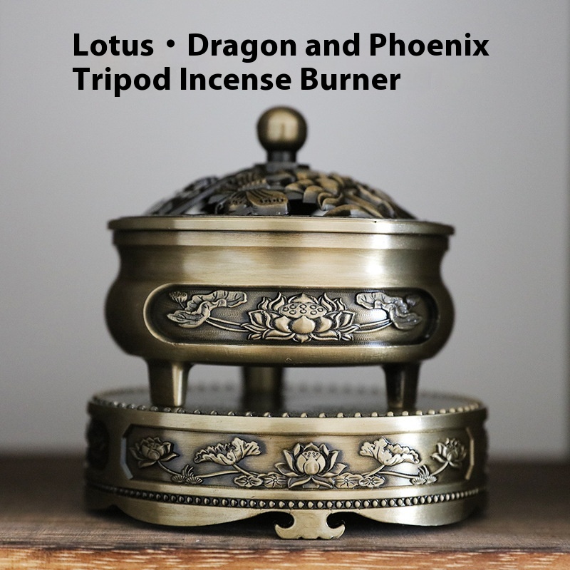 Lotus Dragon Phoenix Antique Alloy Incense Burner