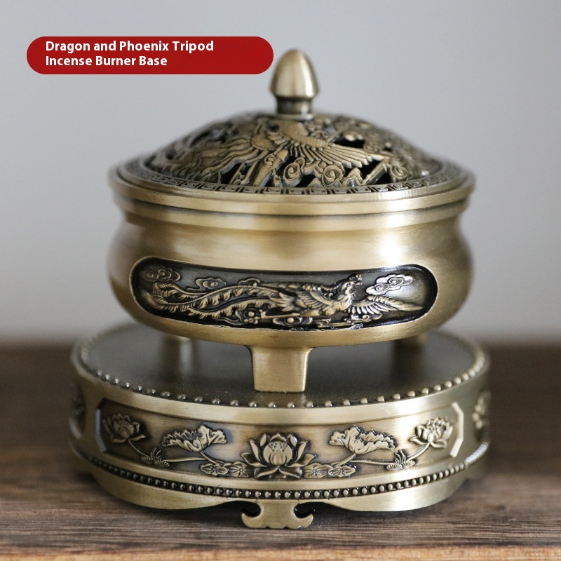 Lotus Dragon Phoenix Antique Alloy Incense Burner - Image 10