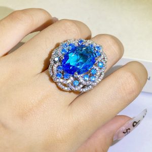 Sea Blue Topaz Colored Treasure Open Ring For Women